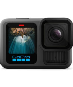 Vista frontal de la cámara GoPro, con lente y pantalla delantera visibles.