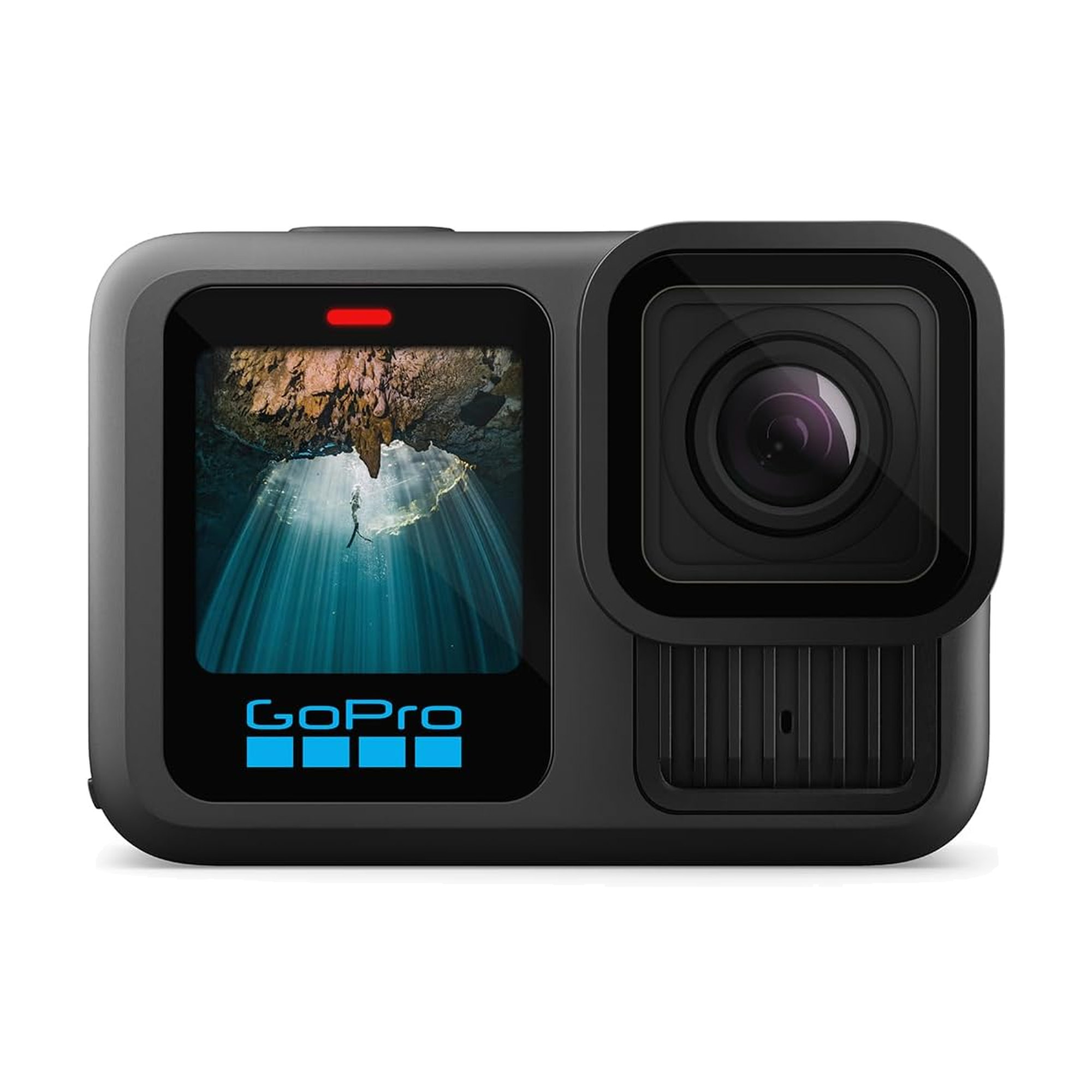 Vista frontal de la cámara GoPro, con lente y pantalla delantera visibles.