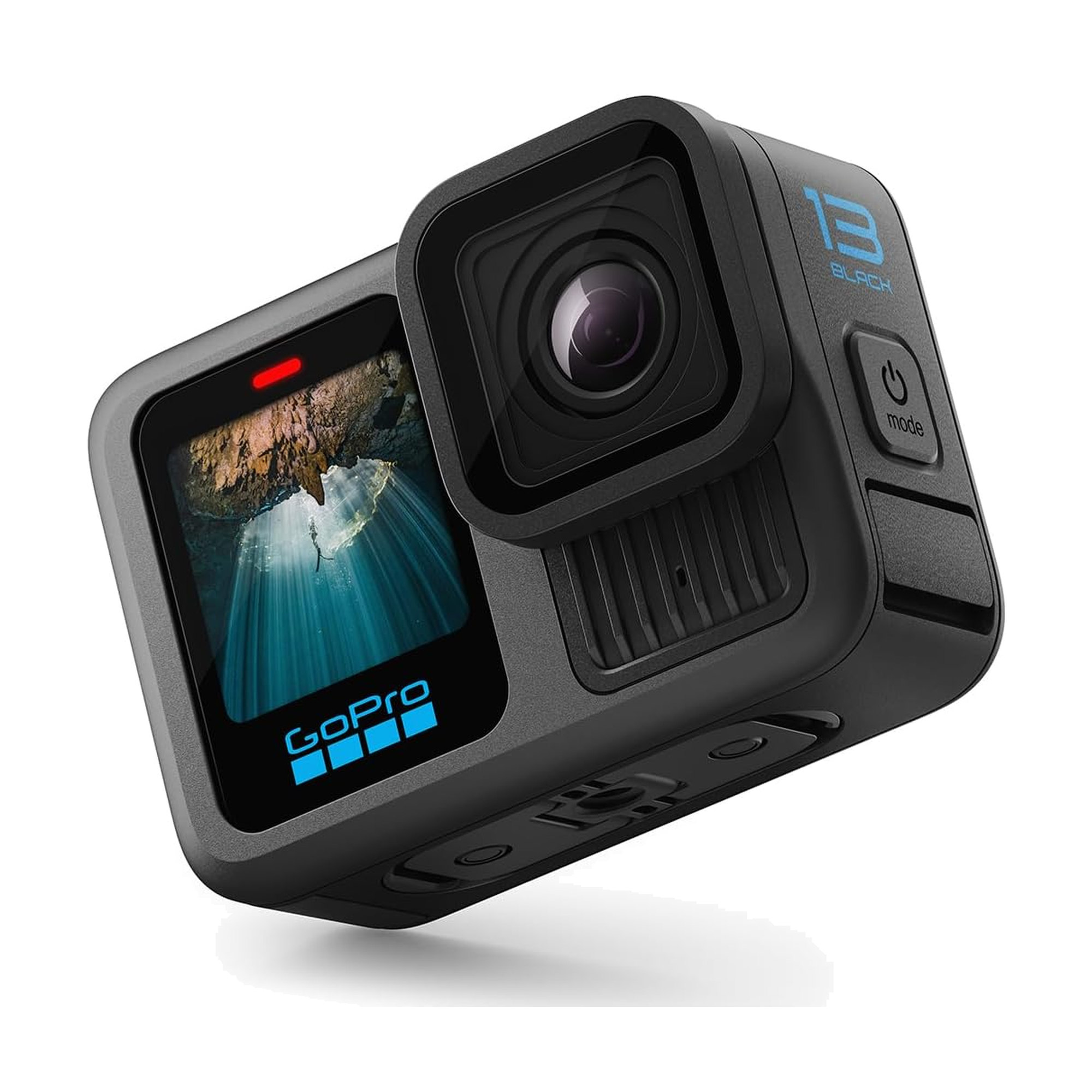 Cámara GoPro HERO13 Black en vista de tres cuartos, con lateral 13 Black visible.