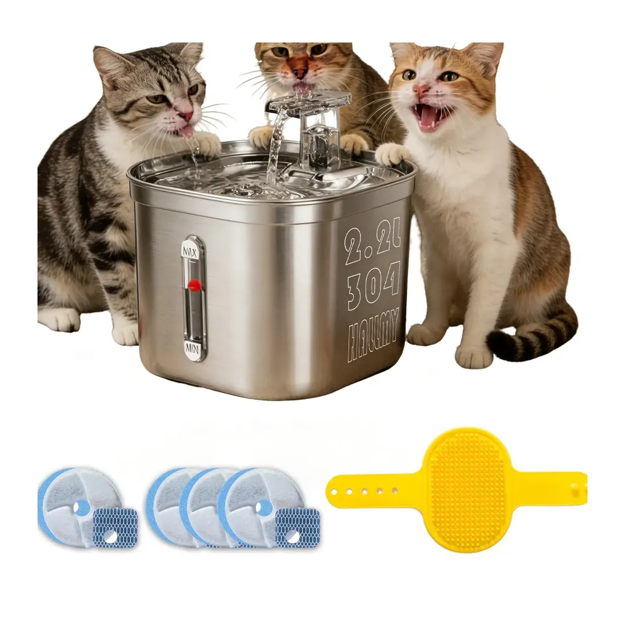 Fuente automática de agua HALLMY de acero inoxidable 2.2 litros para gatos y perros
